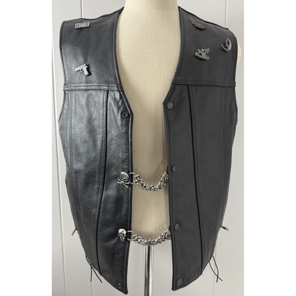 Unik Other - Unik Premium Leather Vest Men's Size XL Black Classic Biker Motorcycle With Pins